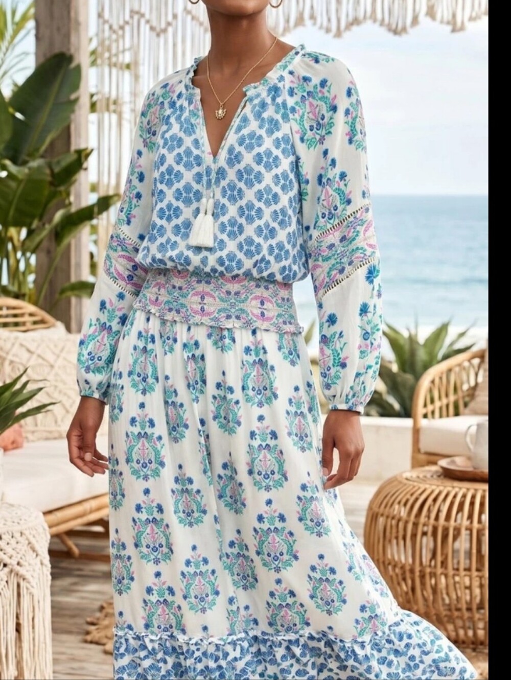 Chico's 3/16 Lukea White Maxi Dress Boho Peasant Blue Pink Floral Shell - Picture 7 of 7